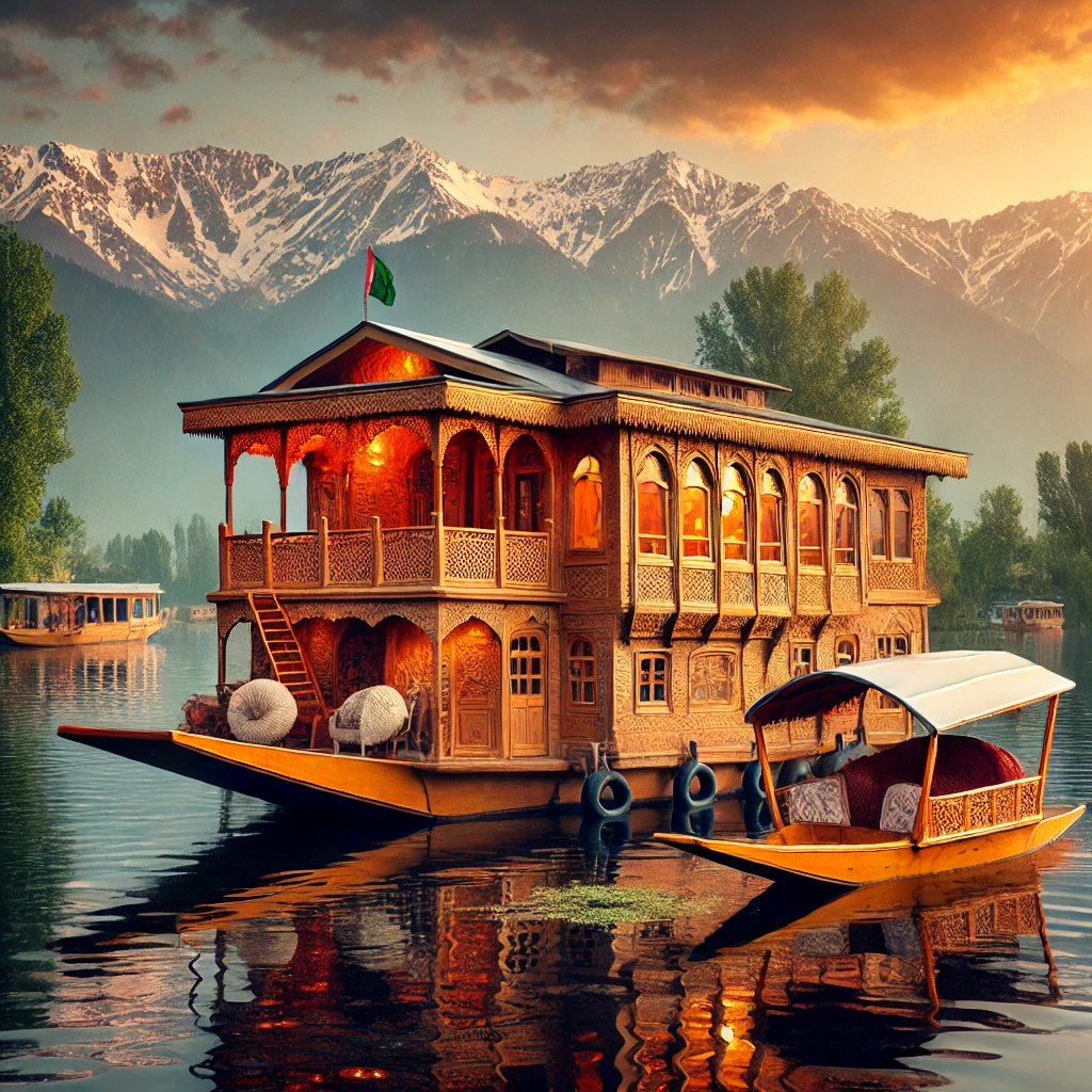 A beautiful houseboat on Dal Lake in Srinagar, Kashmir, floating on calm waters with the snow...webp