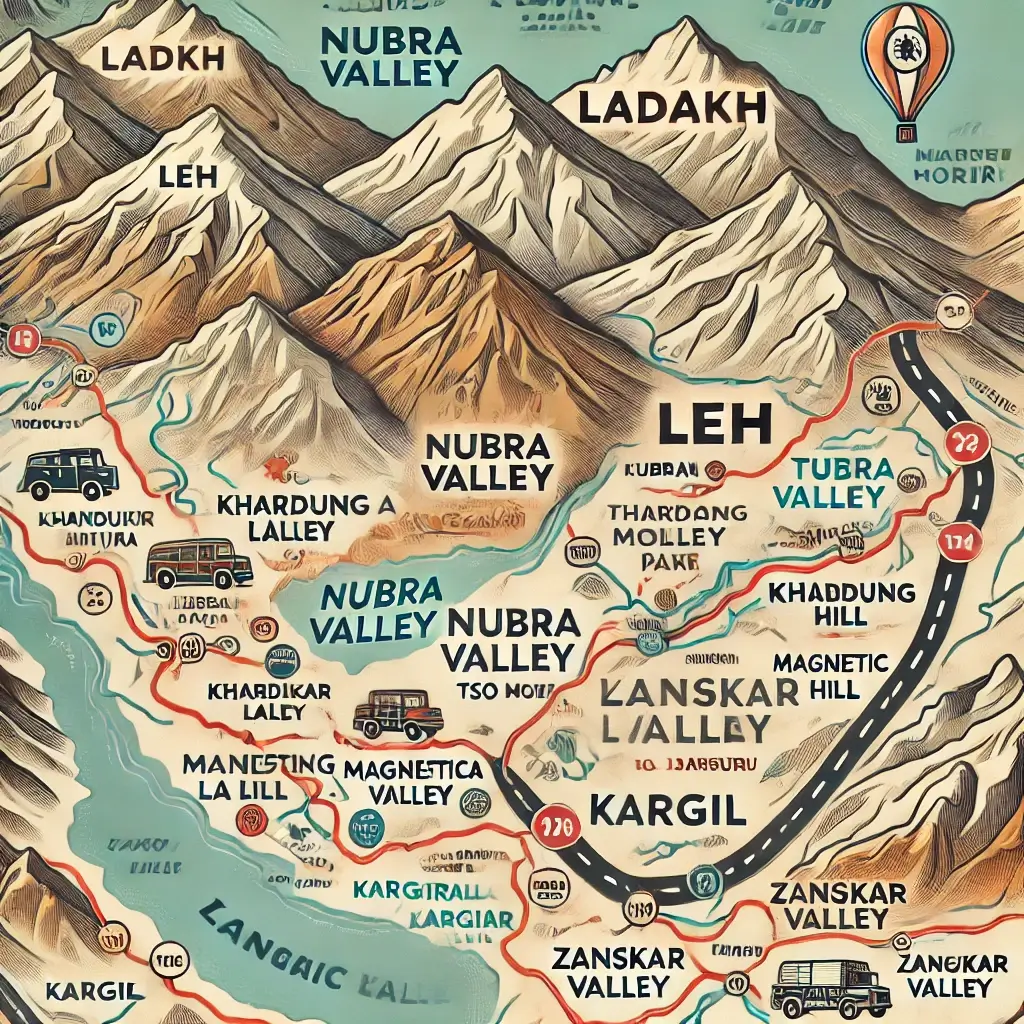 A detailed illustrated travel map of Ladakh, India, highlighting key locations such as Leh, N...webp