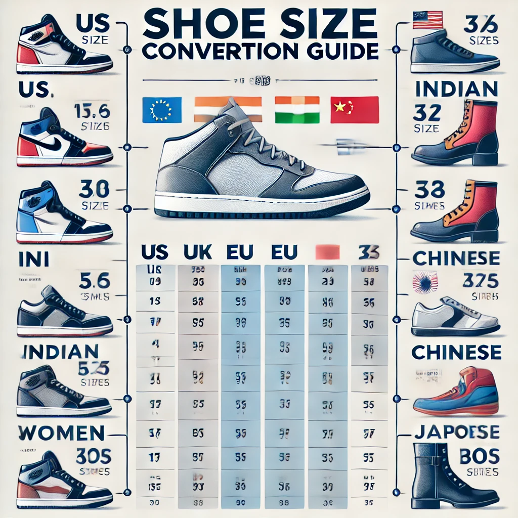 "International Shoe Size Conversion Chart - US, UK, EU, Indian, Chinese, and Japanese sizes for men, women, and kids